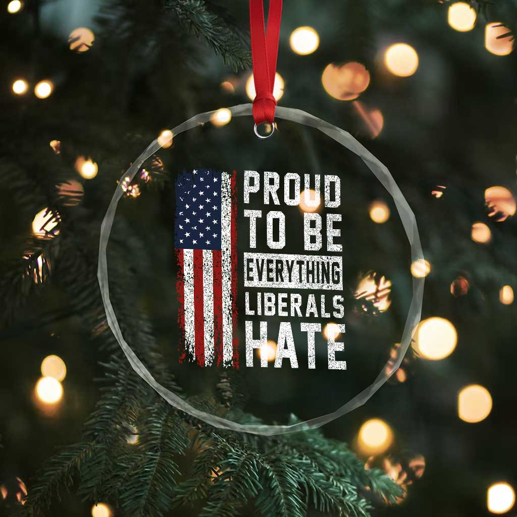 Proud To Be Everything Liberals Hate Satire Crystal Glass Ornament Distressed American Flag Patriotic Sarcasm Graphic