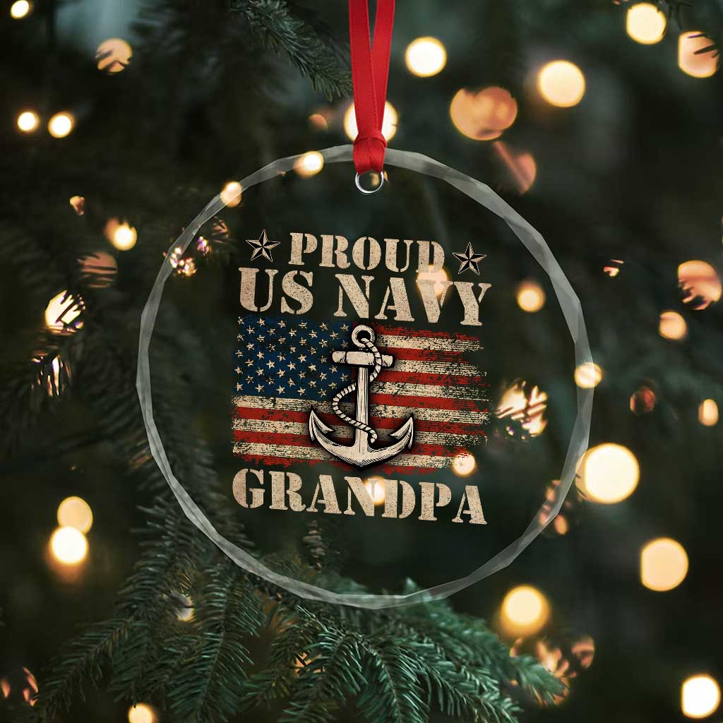 Proud US Navy Grandpa Crystal Glass Ornament Vintage American Flag Anchor - Wonder Print Shop