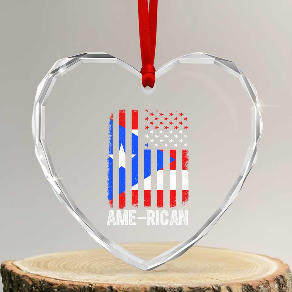 Puerto Rican American Flag Heart Crystal Glass Ornament AME-RICAN Boricua Pride