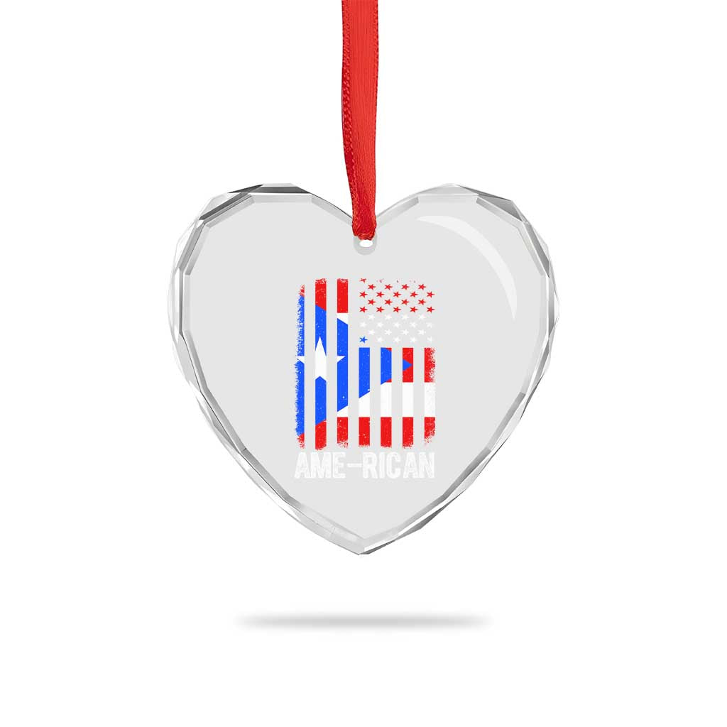 Puerto Rican American Flag Heart Crystal Glass Ornament AME-RICAN Boricua Pride