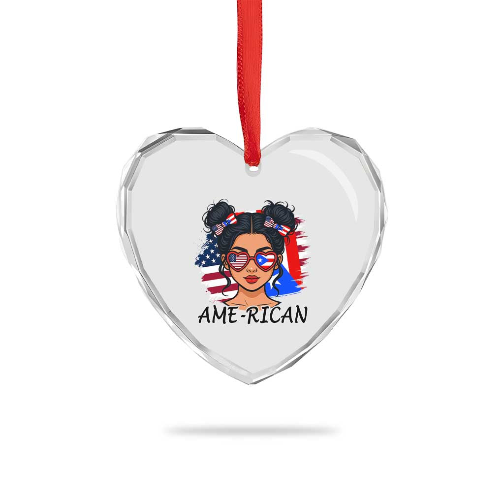 Puerto Rican American Girl Heart Crystal Glass Ornament AME-RICAN Boricua Pride