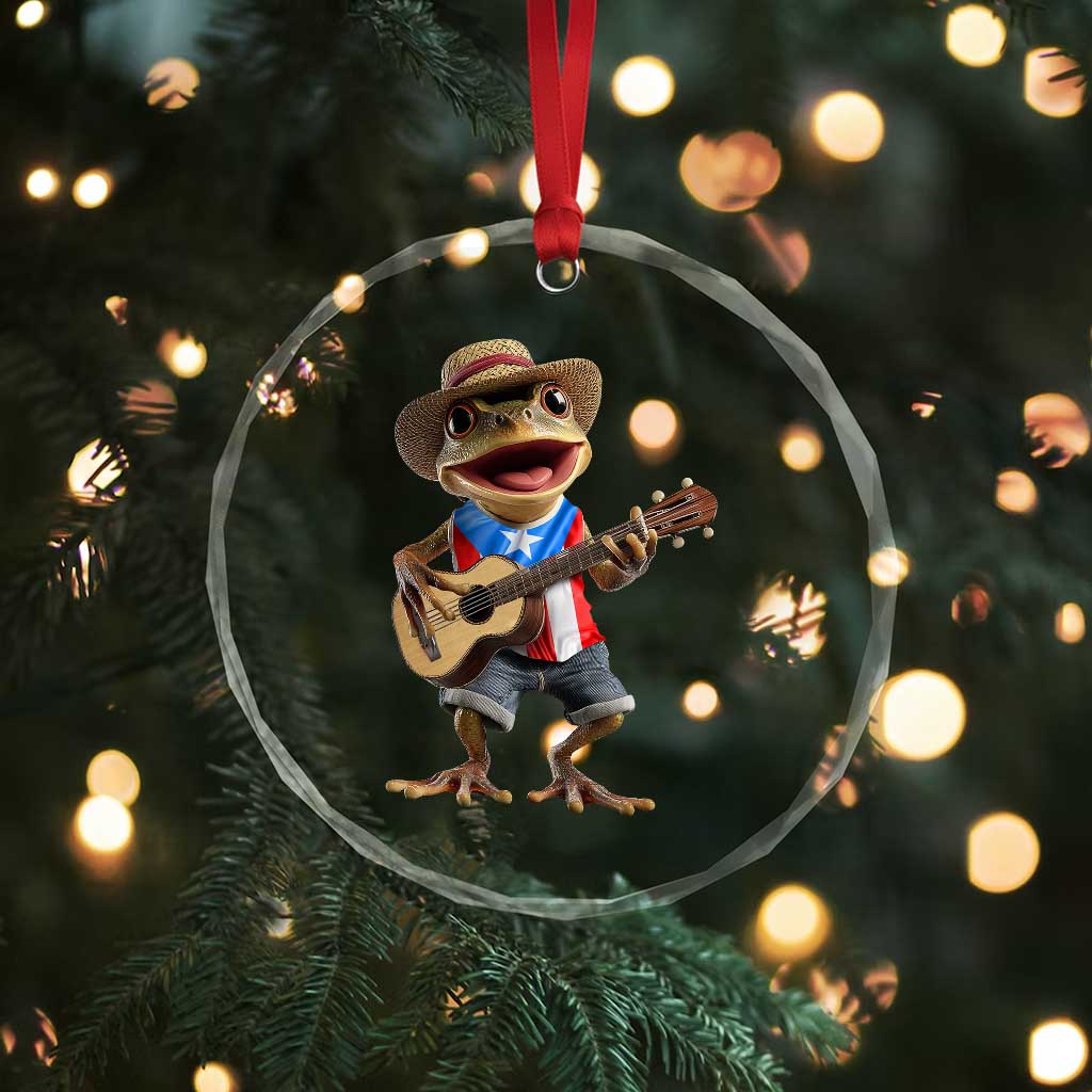 Puerto Rico Coqui Frog Puerto Rican Flag Taino Boricua Guitar Crystal Glass Ornament - Wonder Print Shop
