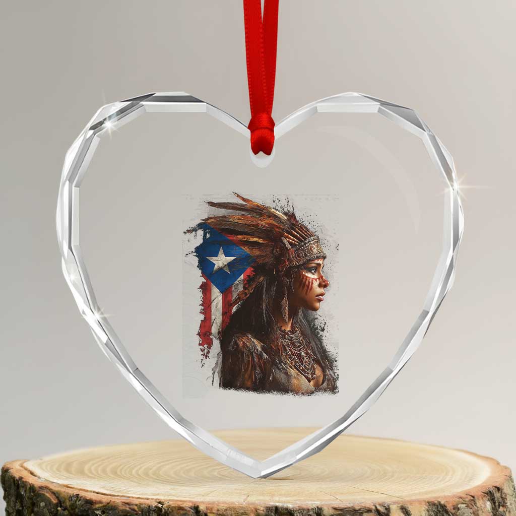 Puerto Rico Taino Warrior Woman Heart Crystal Glass Ornament Boricua Pride