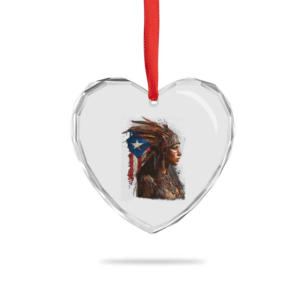 Puerto Rico Taino Warrior Woman Heart Crystal Glass Ornament Boricua Pride