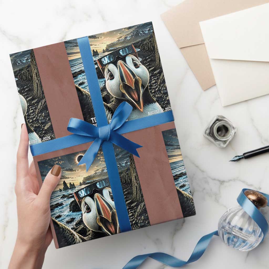 Puffin Selfie August 12 2026 Total Solar Eclipse Wrapping Paper Roll Funny Totality Photographic Astronomy Souvenir