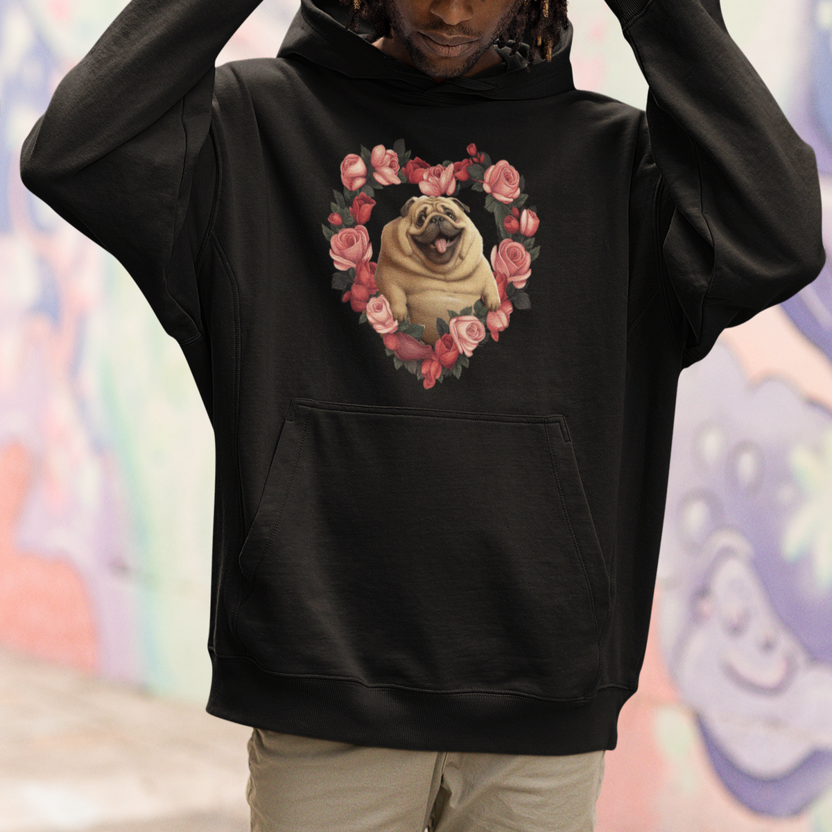 Valentine's Day Hoodie My Valentine Is Pug Cute Pet Dog Rose Heart Shape - Wonder Print Shop