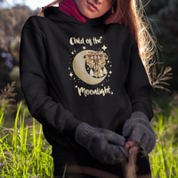 Black moth graphic hoodie with hood and front pocket; close chest view of moon crescent print