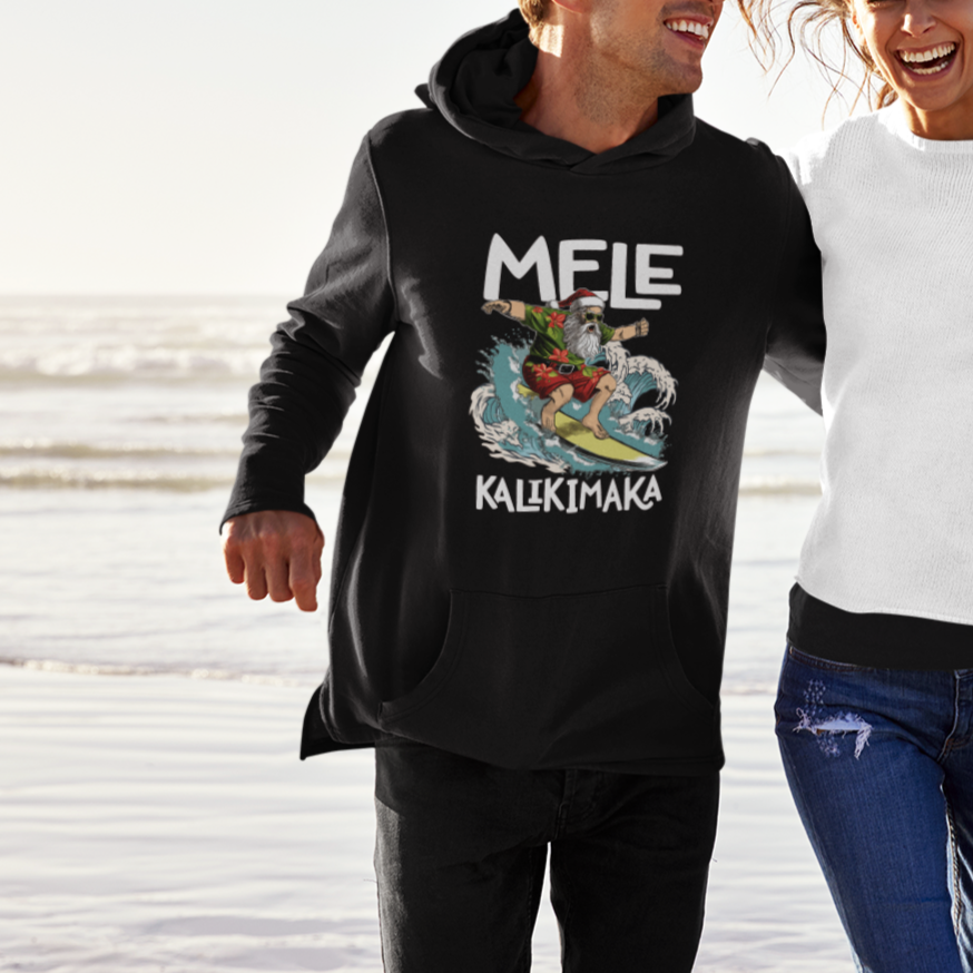 Mele Kalikimaka Tropical Hawaiian Christmas in Hawaii Surfing Santa Hoodie - Wonder Print Shop