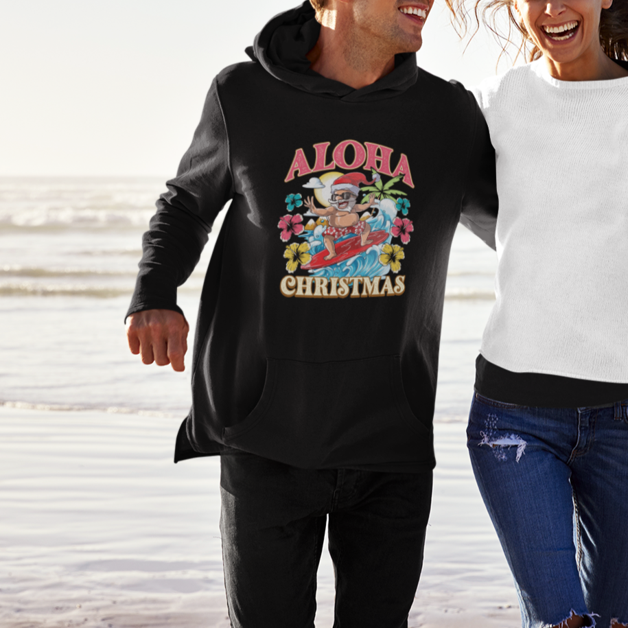 Aloha Hawaiian Christmas Mele Kalikimaka Tropical Xmas Surfing Santa Hoodie - Wonder Print Shop