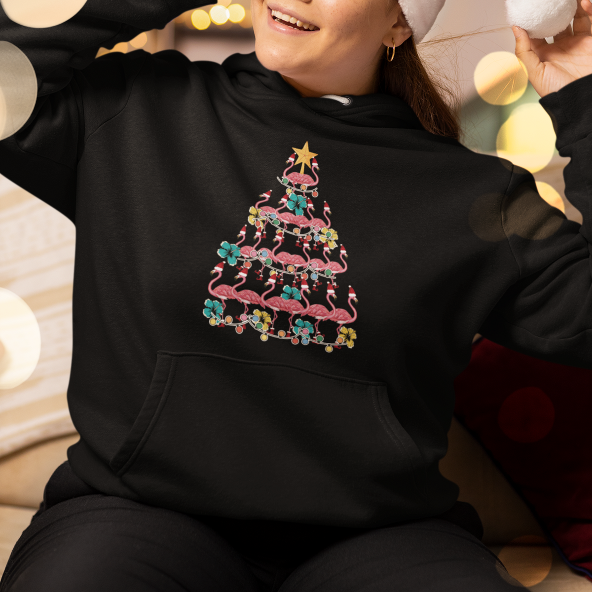 Cute Pink Flamingo Christmas Tree with Hibiscus Merry Xmas Hoodie - Wonder Print Shop