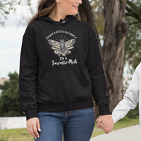 Black moth graphic hoodie on model with drawstring hood and front kangaroo pocket