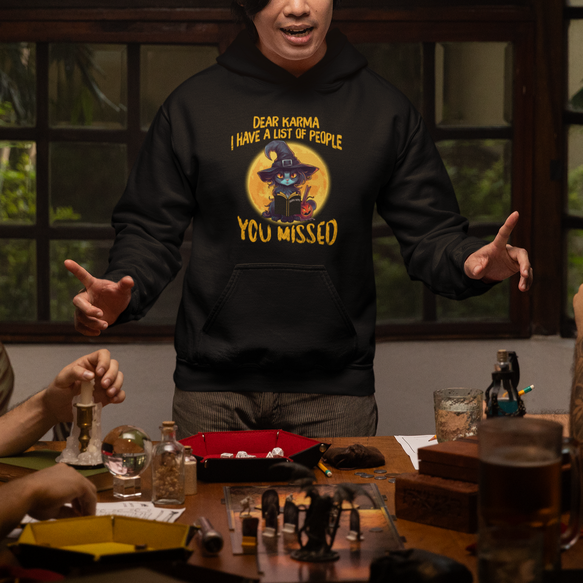 Funny Cat Karma Hoodie Dear Karma I Have List Of People You Missed Black Cat Witch - Wonder Print Shop