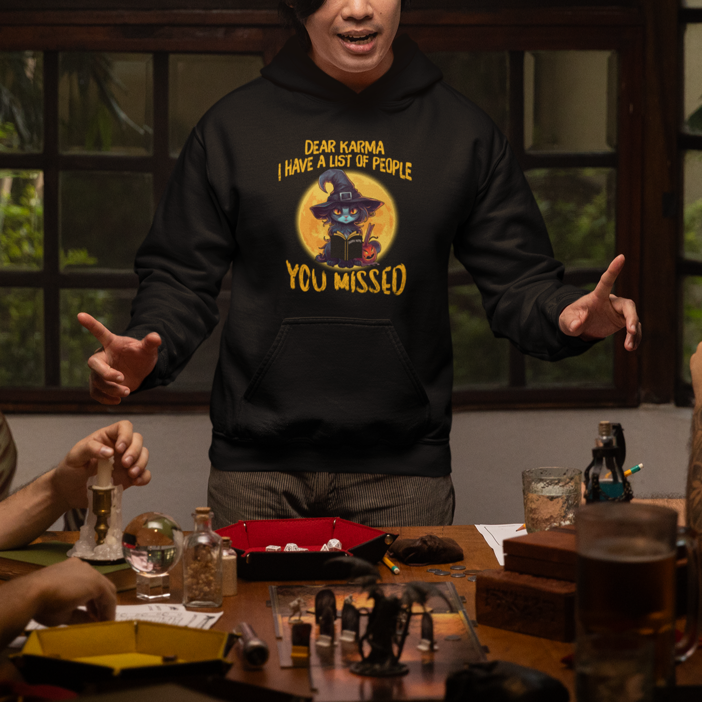 Funny Cat Karma Hoodie Dear Karma I Have List Of People You Missed Black Cat Witch - Wonder Print Shop