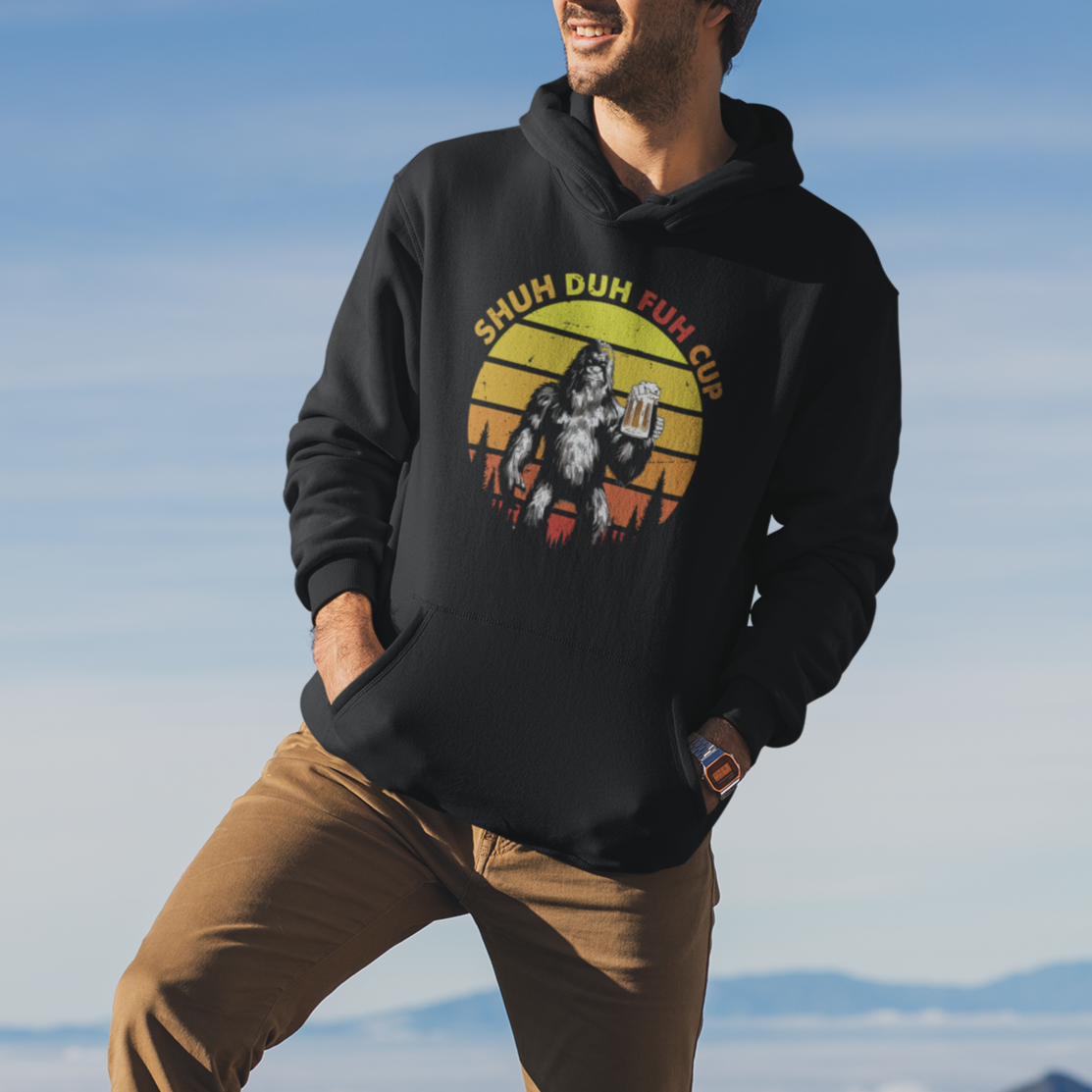 Funny Camping Hoodie Shuh Duh Fuh Cup Retro Funny Bigfoot Drinking Beer Camping - Wonder Print Shop