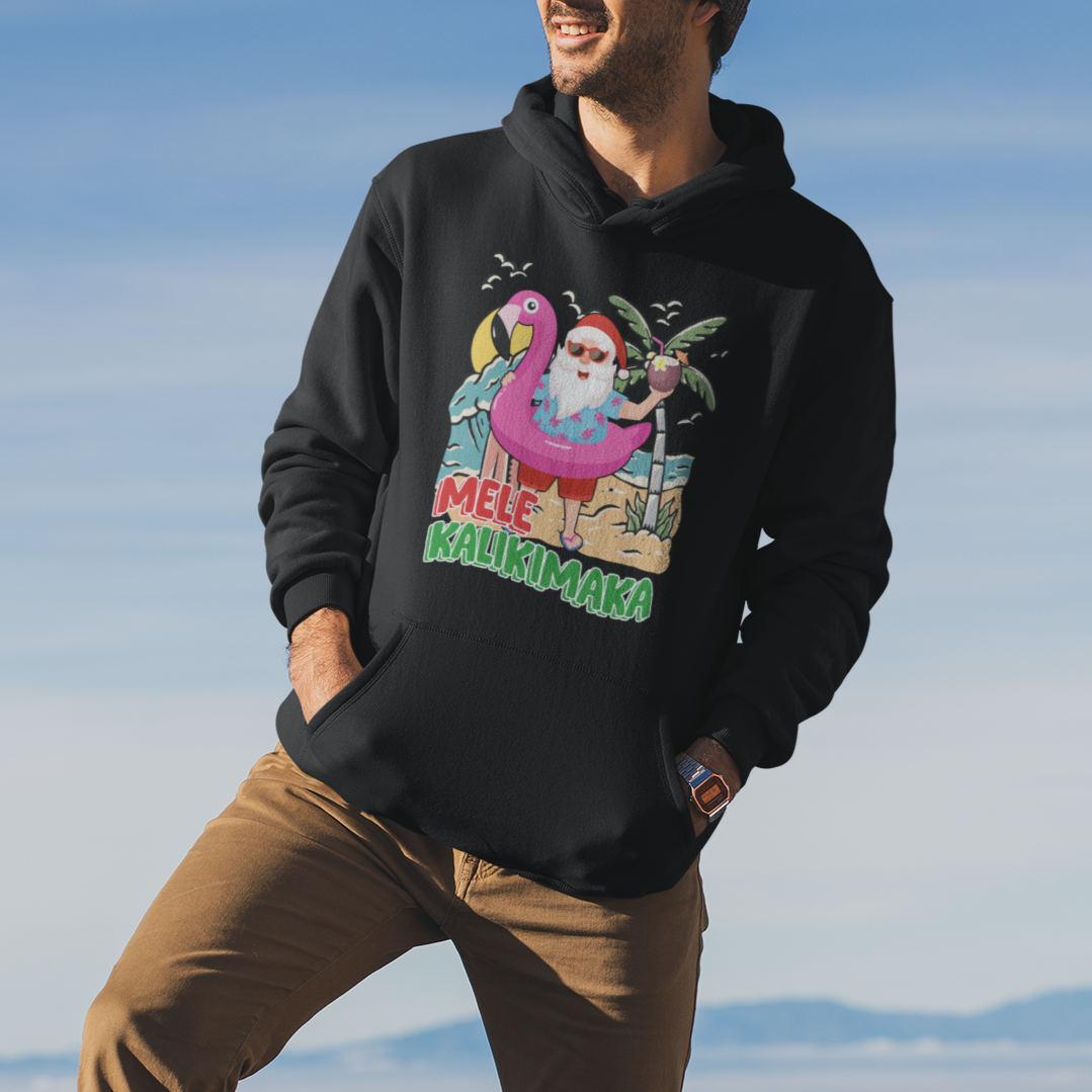 Mele Kalikimaka Tropical Hawaiian Christmas in Hawaii Beach Santa Hoodie - Wonder Print Shop