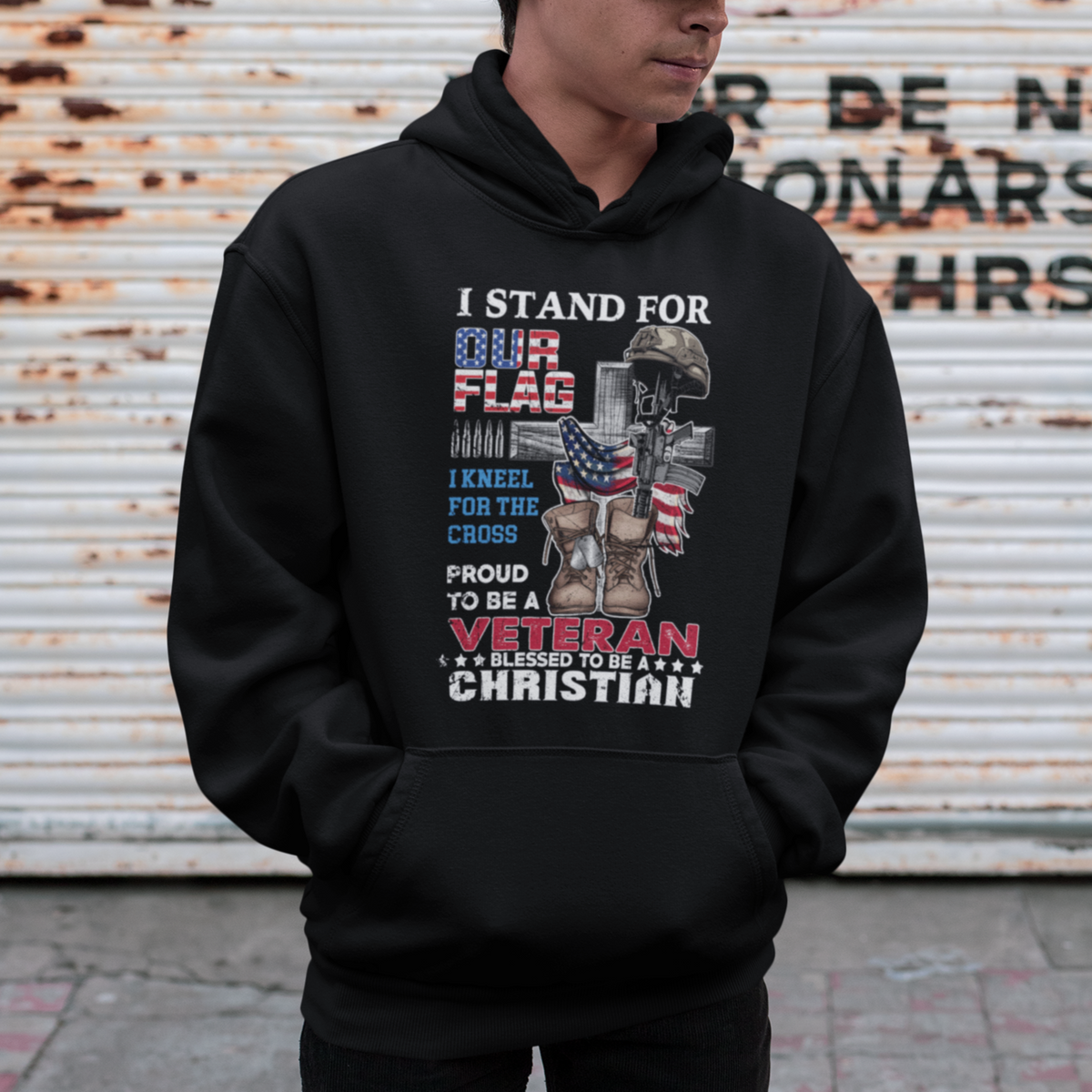 American Veteran Hoodie I Stand For Our Flag I Kneel For The Cross Blessed To Be Christian - Wonder Print Shop