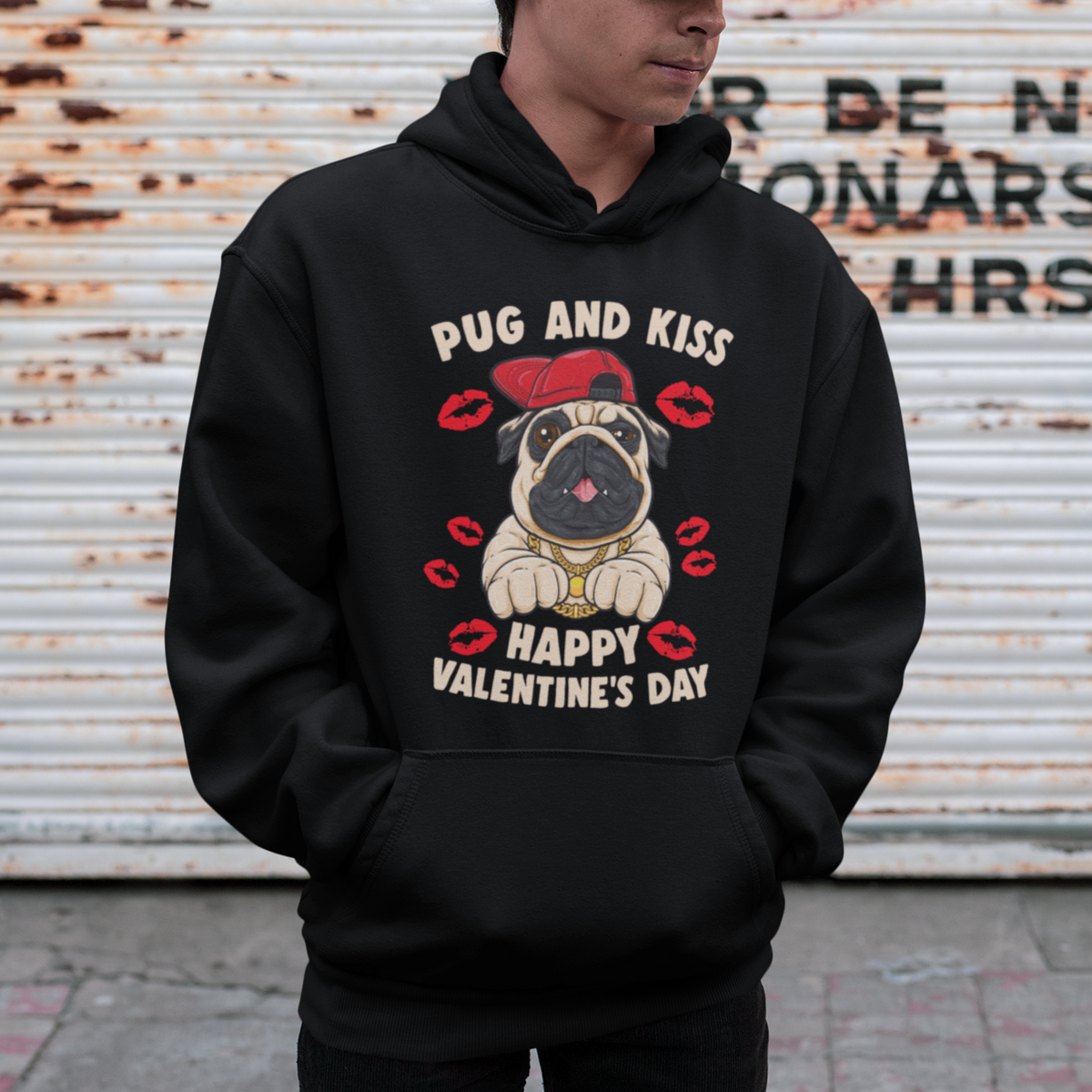 Pug And Kiss Happy Valentine's Day Funny Pet Lover Hoodie - Wonder Print Shop