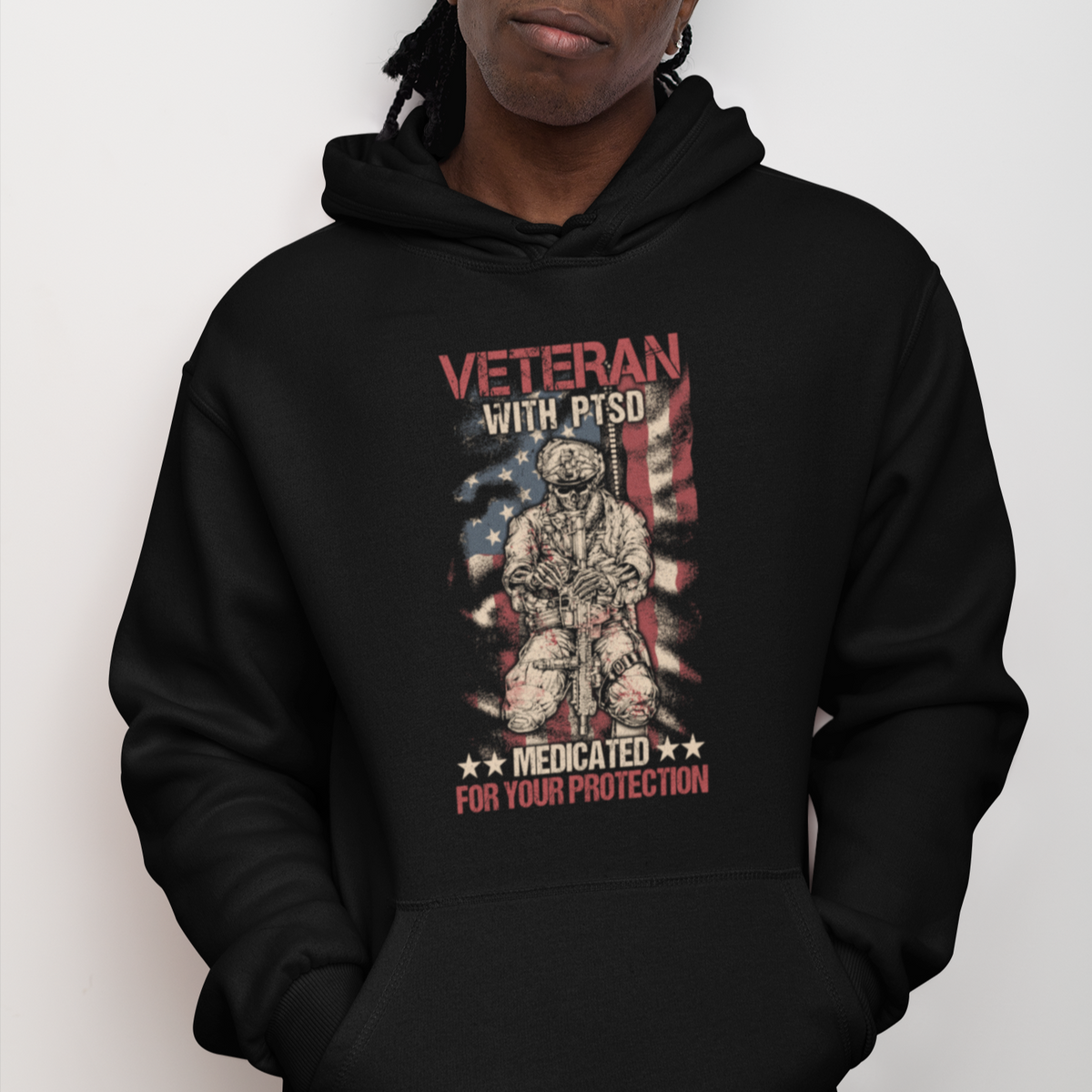 Veteran PTSD Hoodie Medicated For Your Protection American Flag Skeleton Soldier - Wonder Print Shop