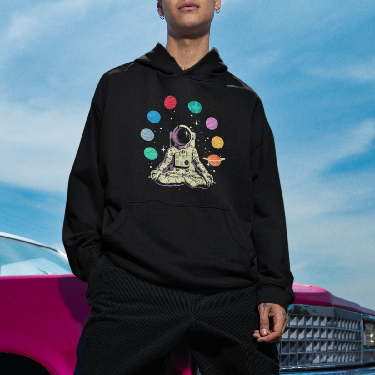 Meditating In Outer Space Hoodie Astronaut Yoga Meditation Position With Solar System Planets - Wonder Print Shop
