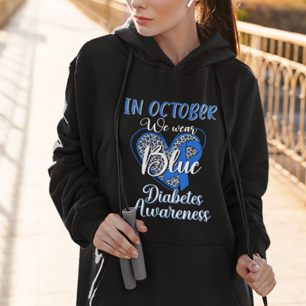 In October We Wear Blue Ribbon Heart Diabetes Awareness Hoodie - Wonder Print Shop