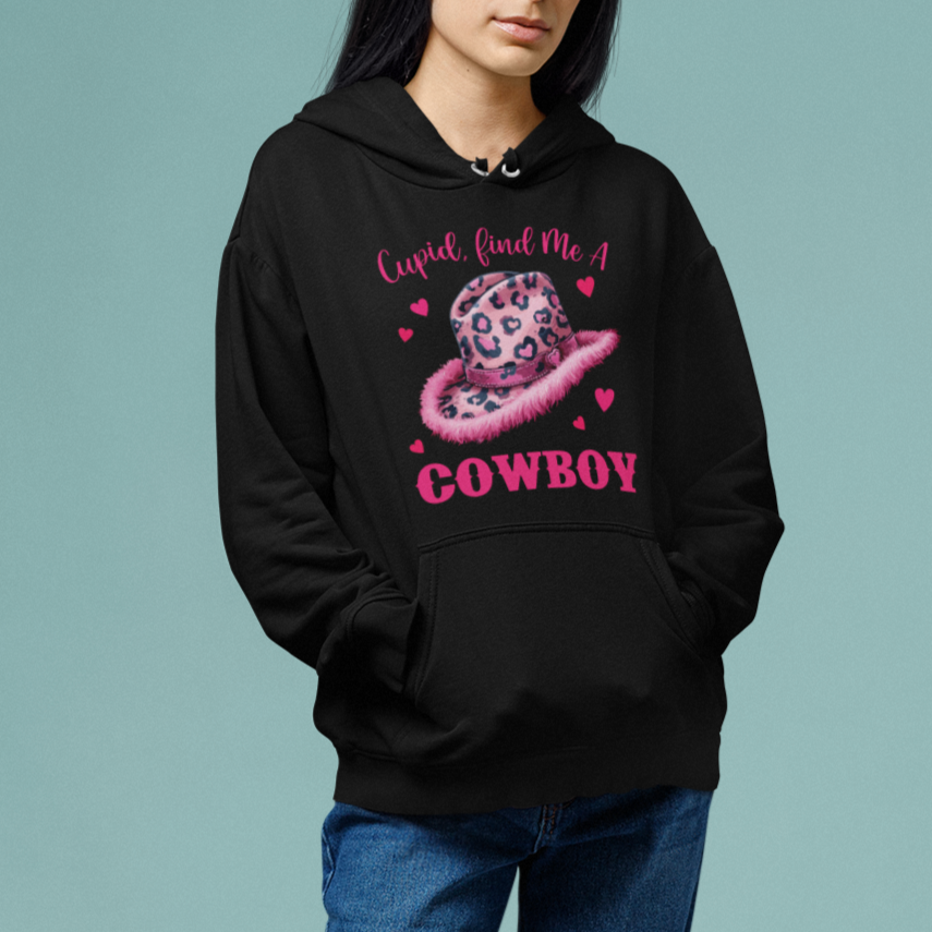 Valentine's Day Hoodie Cupid Find Me A Cowboy Western Heart Leopard Hat - Wonder Print Shop