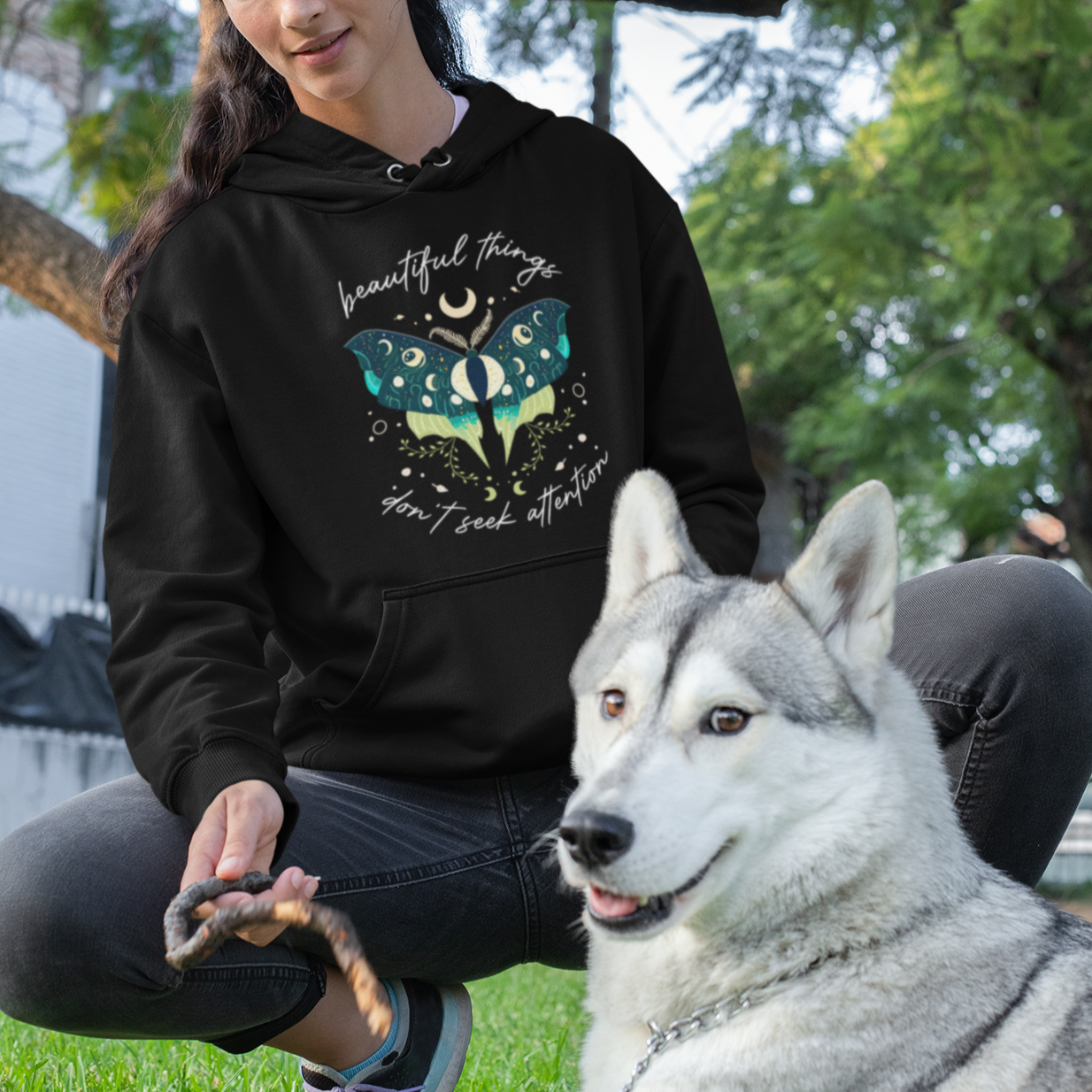 Moth Hoodie Mystical Moon Celestial Turquoise Moth Beautiful Things Don't Seek Attention Floral Moth Crescent Moon Shirt for Women, Moth T-shirt, Spirituality Shirt - Wonder Print Shop