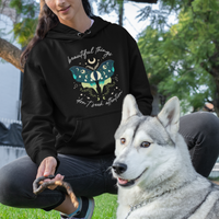 Black women's hoodie with hood and front pocket; turquoise moth crescent moon graphic.
