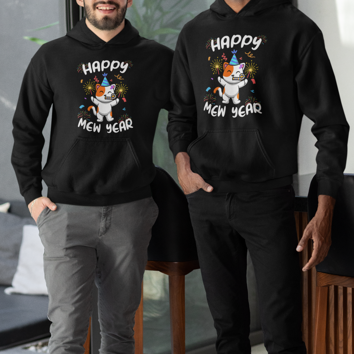 Happy Mew Year Funny Cat New Years Eve Party Firework Hoodie - Wonder Print Shop