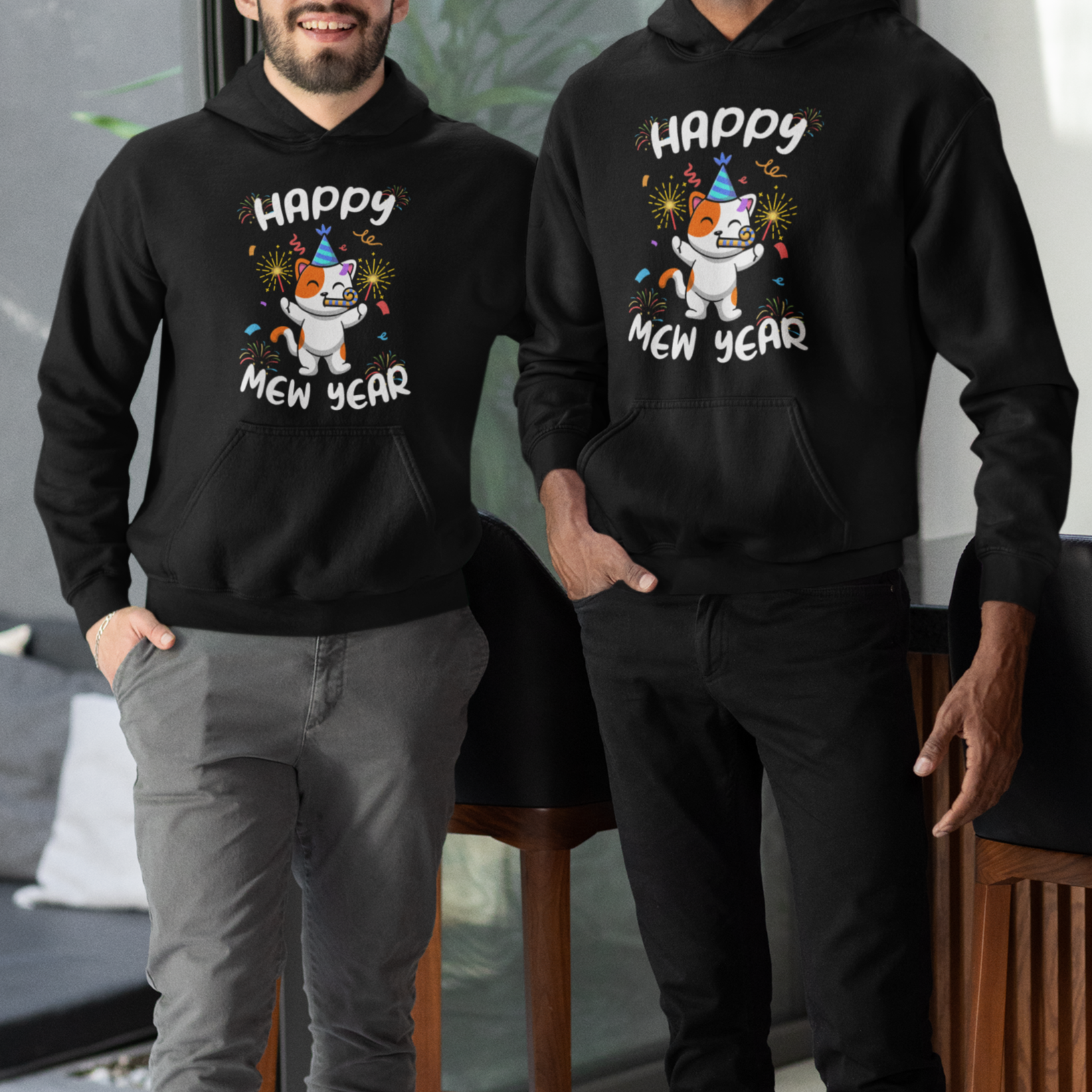 Happy Mew Year Funny Cat New Years Eve Party Firework Hoodie - Wonder Print Shop