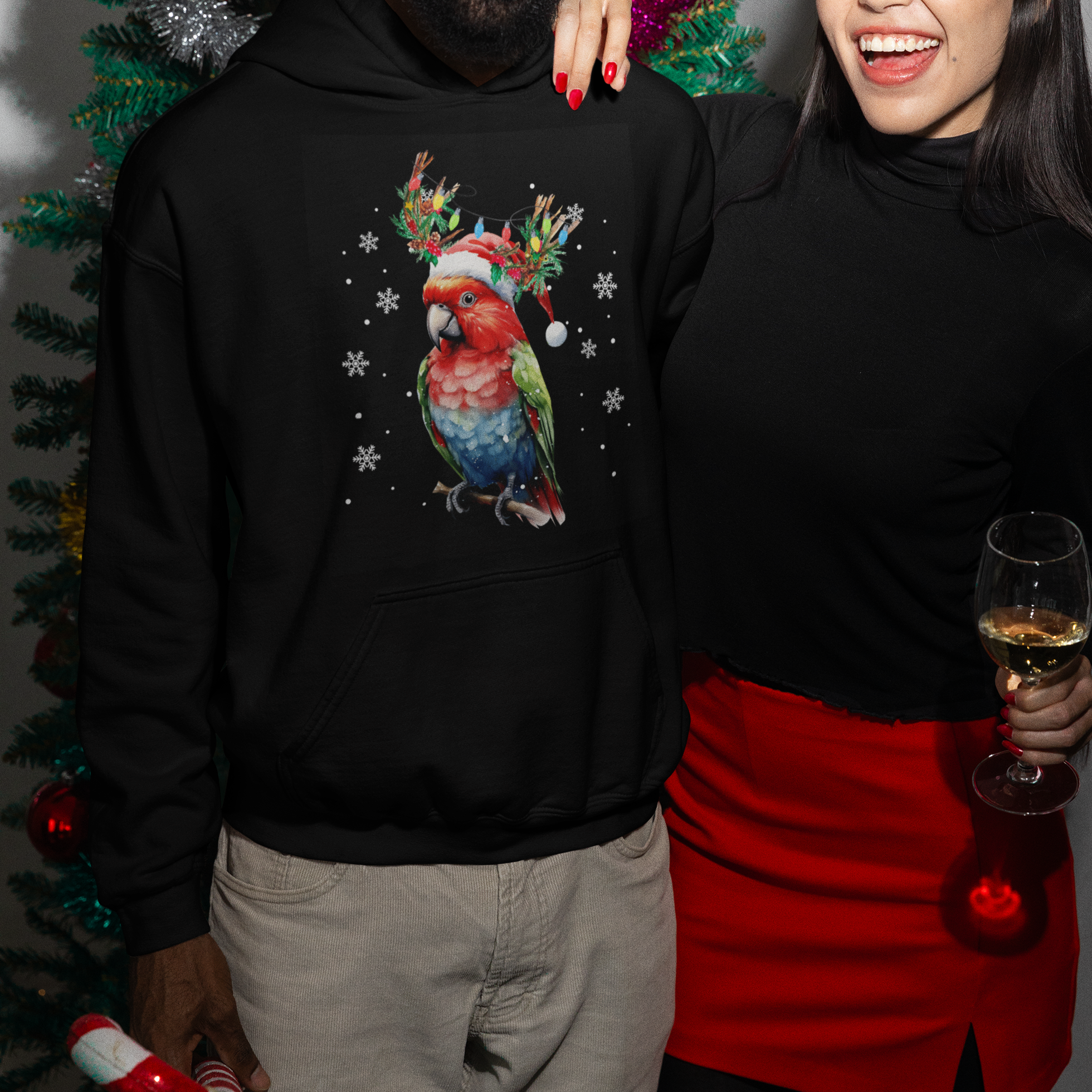 Christmas Hoodie Cute Parot Reindeer Santa Hat - Wonder Print Shop