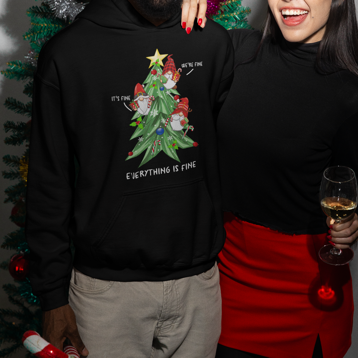 It's Fine We're Fine Everything's Fine Funny Gnomies Hoodie with Christmas Tree - Wonder Print Shop