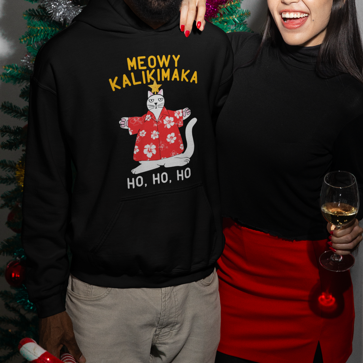 Christmas In Hawaii Hoodie Meowy Kalikimaka Hawaiian Cat Ho Ho Ho Xmas Tree - Wonder Print Shop