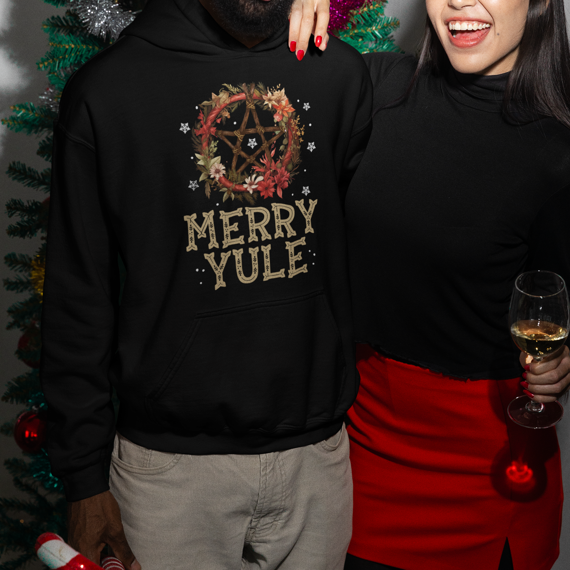 Merry Yule And Winter Solstice Flower Wreath Pentagram Hoodie - Wonder Print Shop