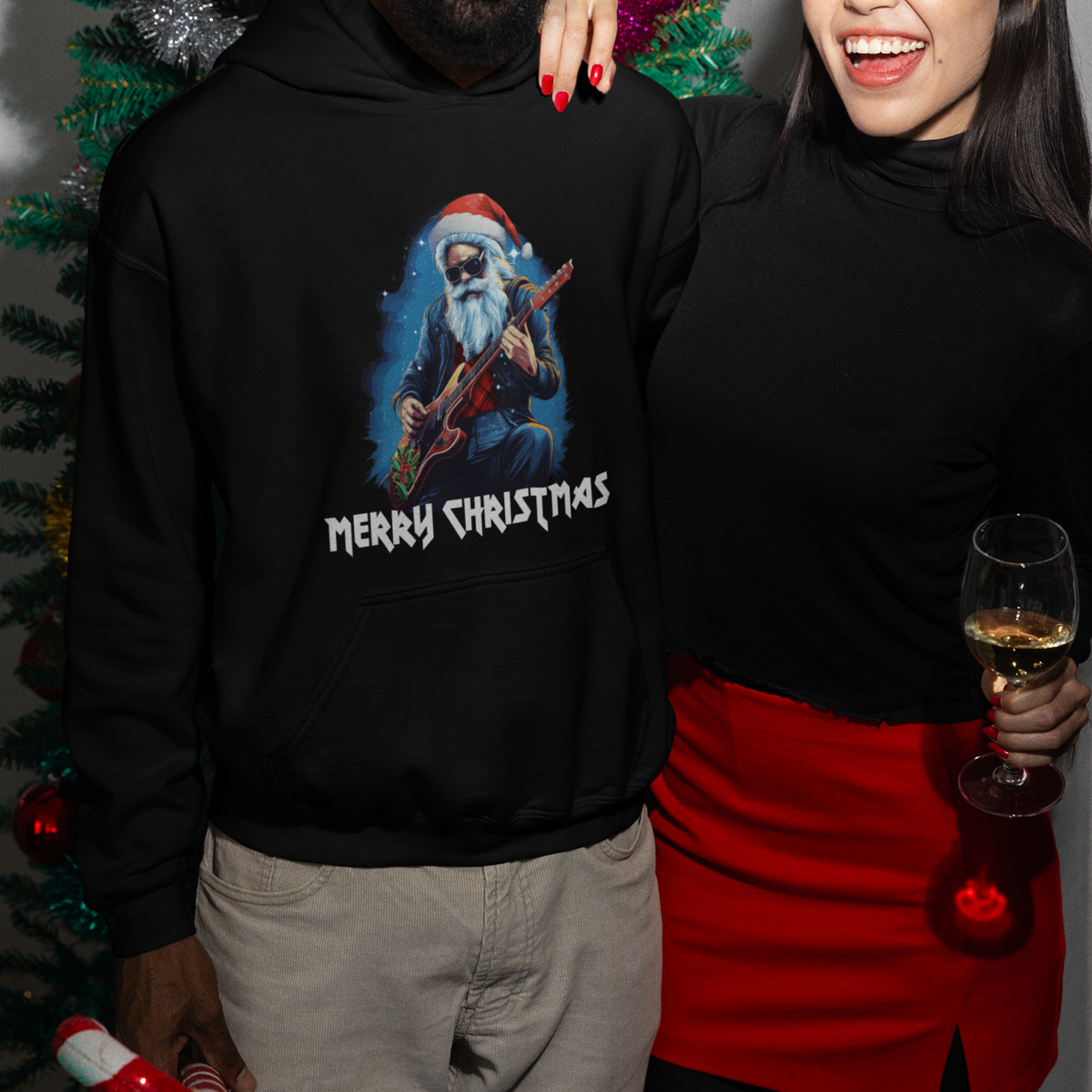 Christmas Hoodie Sleigher Hail Santa Rock Electric Guitar Cool Xmas - Wonder Print Shop