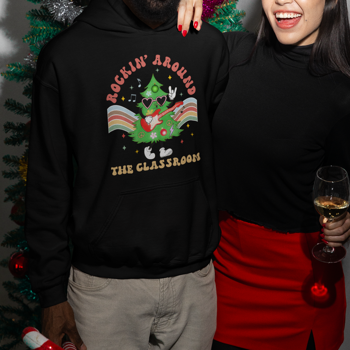 Teacher Christmas Hoodie Rockin' Around The Classroom Groovy Xmas Tree - Wonder Print Shop