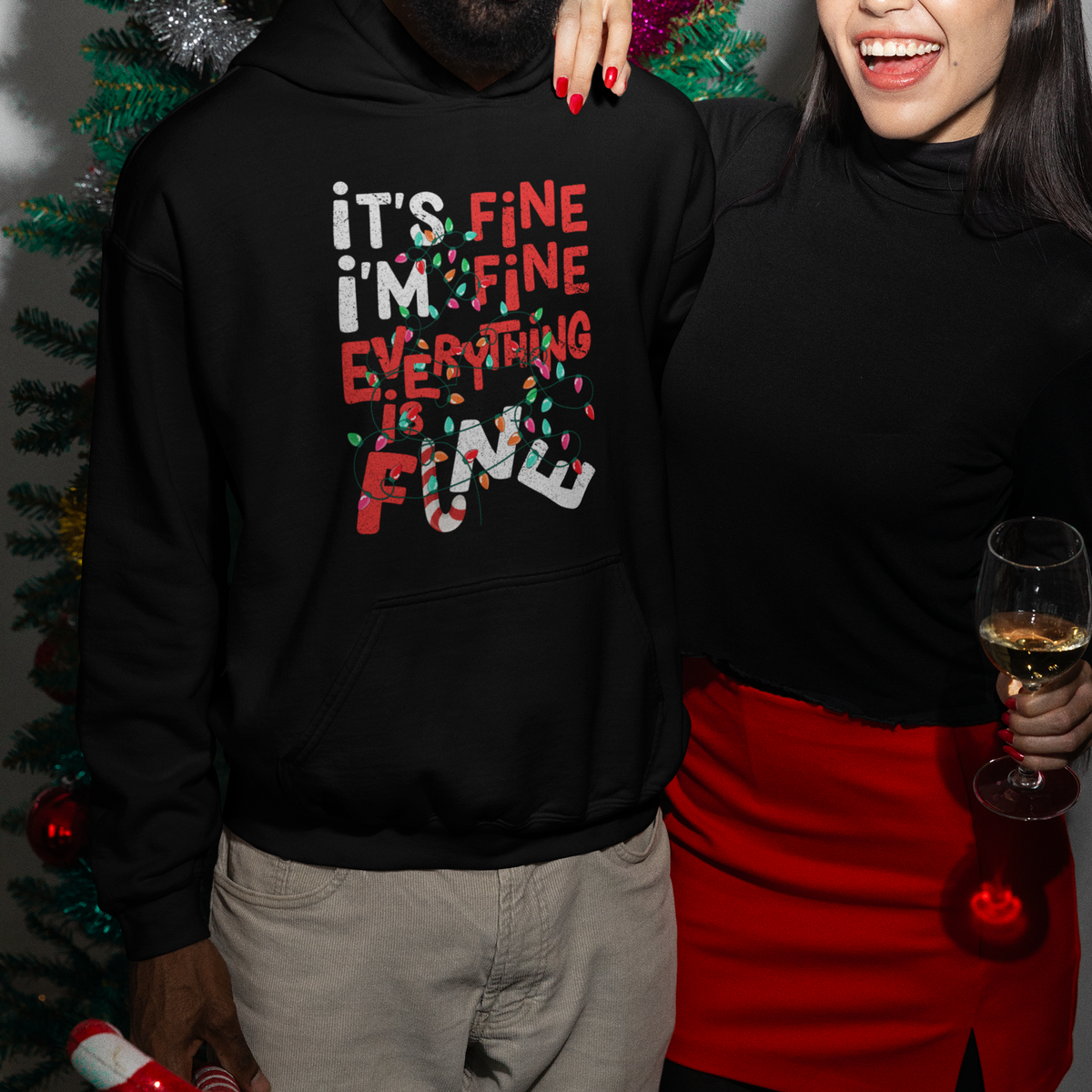 Funny Christmas Hoodie It's Fine I'm Fine Everthing Is Fine Xmas Lights - Wonder Print Shop