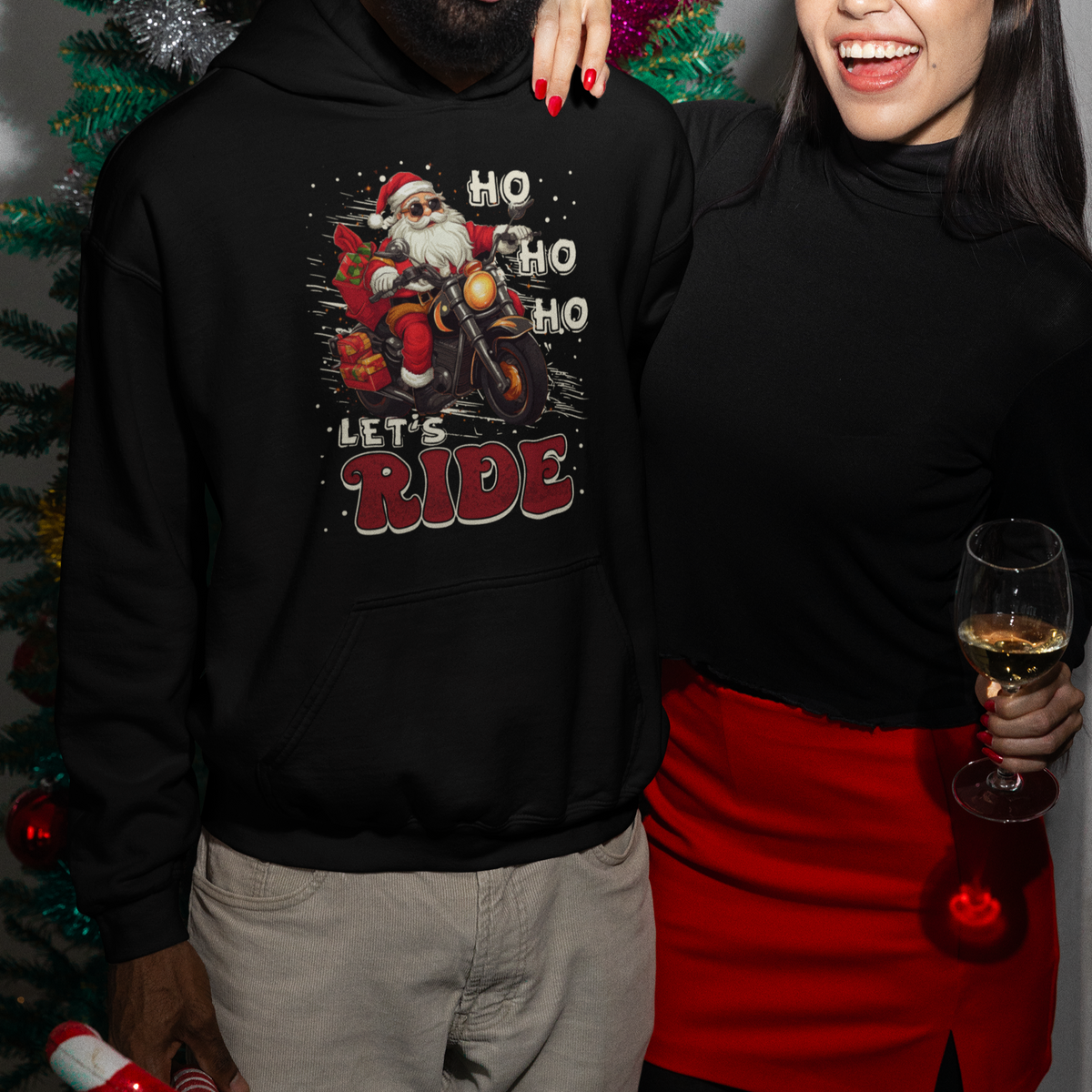 Santa Claus Biker Hoodie Ho Ho Ho Let's Ride Christmas - Wonder Print Shop