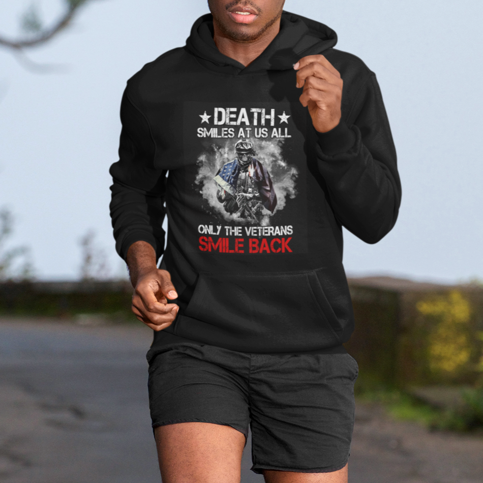 Veteran Hoodie Death Smiles At Us All Only The Veterans Smile Back American Flag Cover Skeleton - Wonder Print Shop