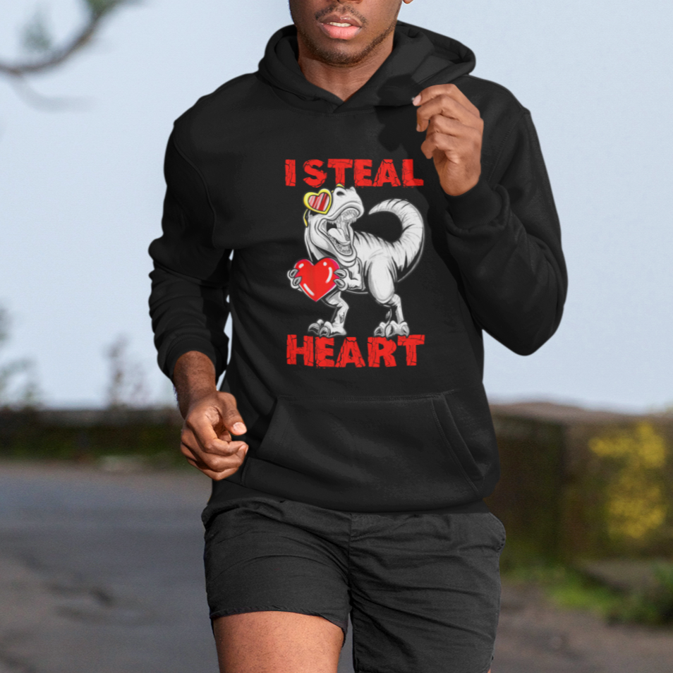Valentine's Day Hoodie Dinosaur I Steal Hearts Kid Boy Men Lover - Wonder Print Shop