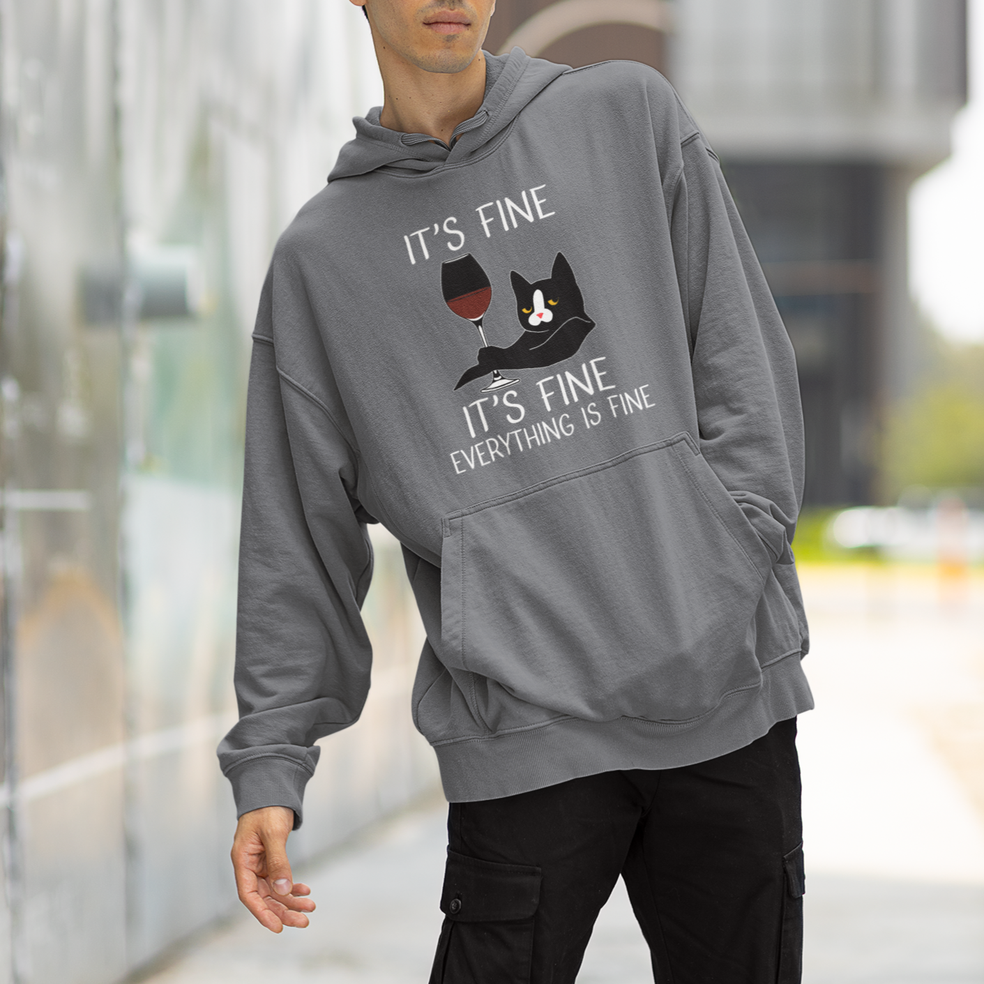 Cat Lover Hoodie It's Fine I'm Fine Everything is Fine Funny Black Cat - Wonder Print Shop