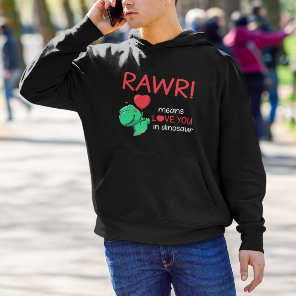Valentine's Day Hoodie Rawr Means Love You in Dinosaur Cute Heart Ballon - Wonder Print Shop