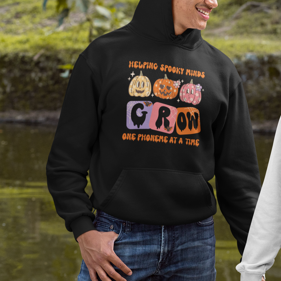 Halloween Reading Hoodie Helping Spooky Minds Grow One Phoneme Dyslexia Pumpkin - Wonder Print Shop