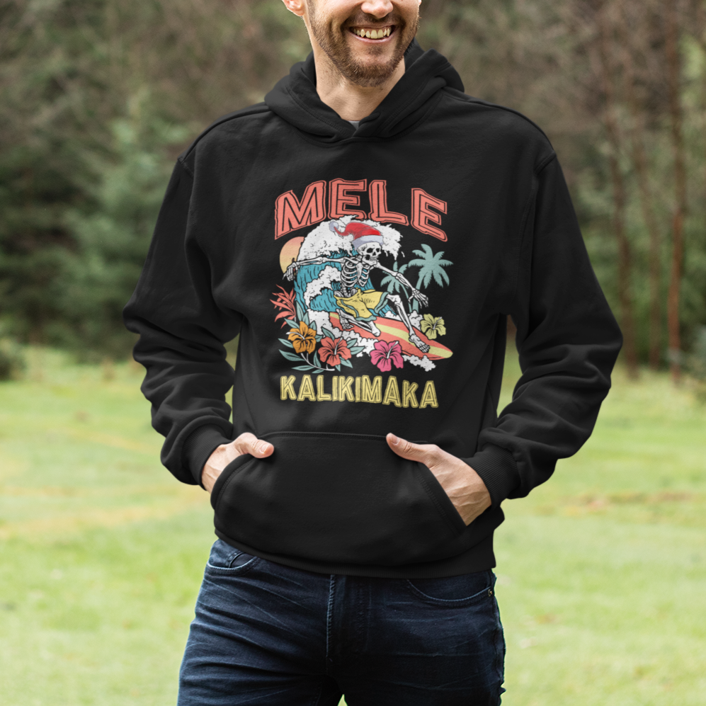 Mele Kalikimaka Hawaiian Christmas Tropical Xmas Surfing Skeleton Hoodie - Wonder Print Shop