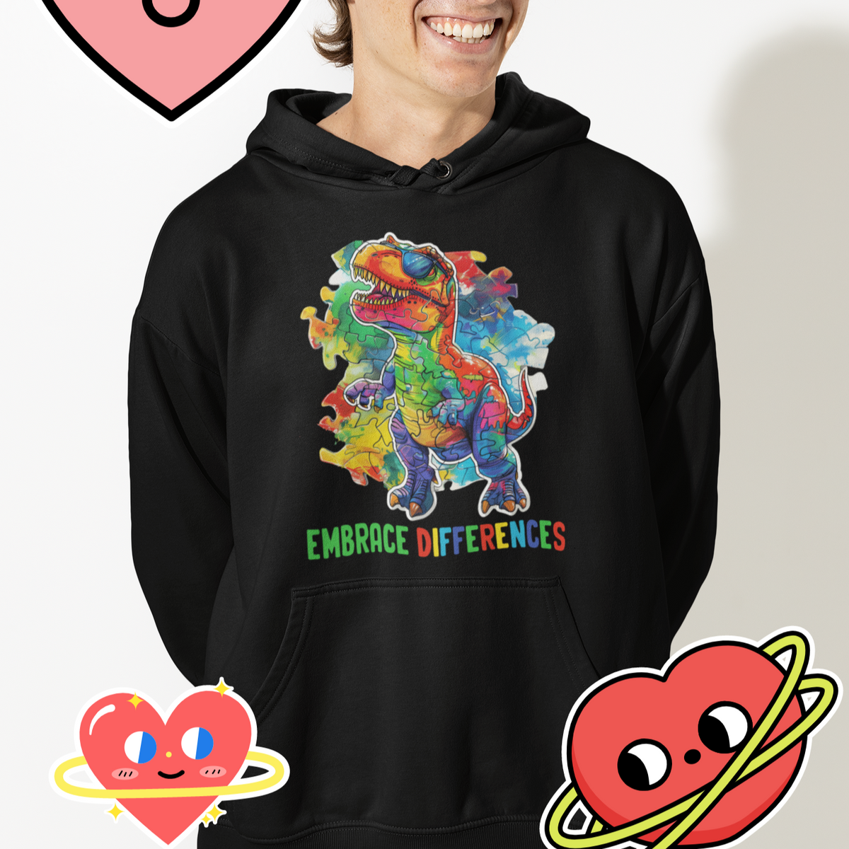 Autism Awareness Hoodie Embrace Differences Puzzle Dinosaur - Wonder Print Shop