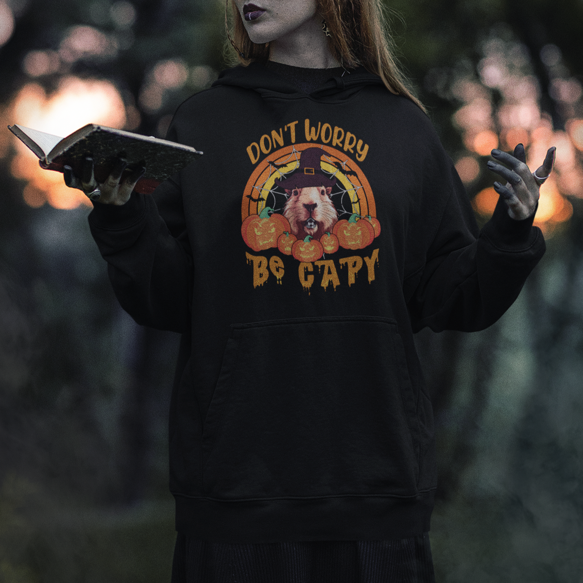 Halloween Hoodie Don't Worry Be Capy Funny Capybara In Halloween Costume T-Shirt for Halloween lovers, Capybara Meme, Spooky Season - Wonder Print Shop
