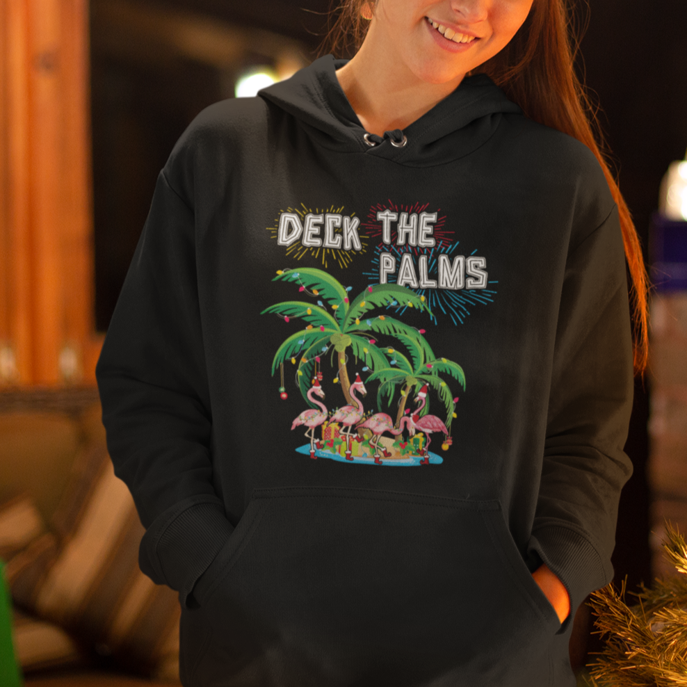 Christmas In Hawaii Hoodie Deck the Palms Firework Merry Christmas Flamingo - Wonder Print Shop