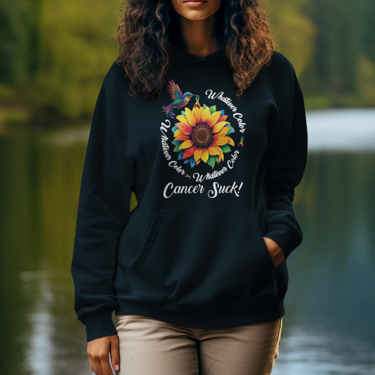 Whatever Color Cancer Sucks Fight Cancer Rainbow Ribbons Sunflower And Bird Hoodie - Wonder Print Shop