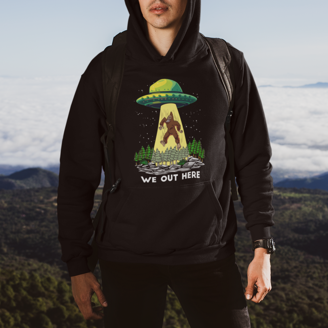 Funny Bigfoot And UFO We Out Here Sasquatch Hoodie - Wonder Print Shop