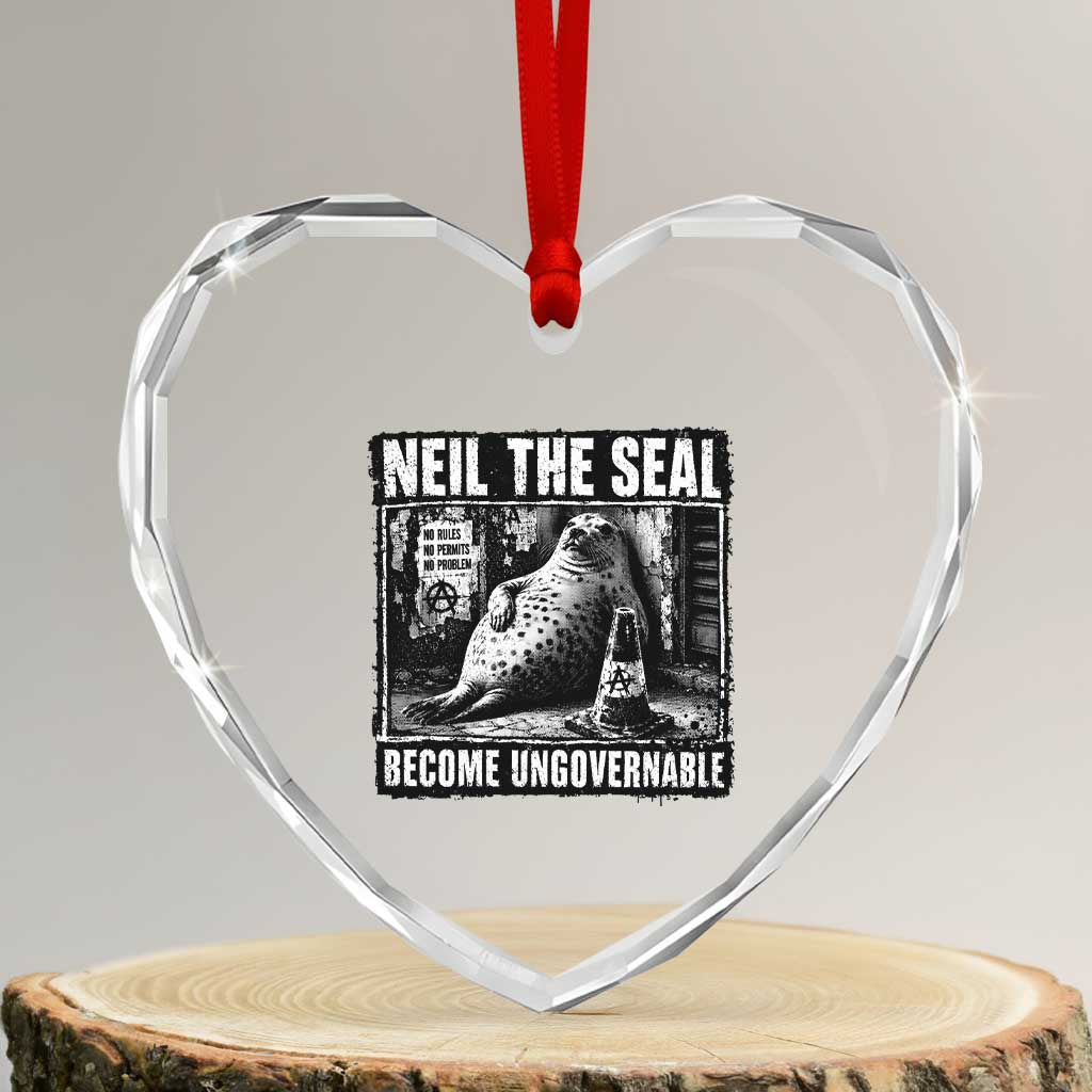 Punk Rock Neil the Seal Become Ungovernable Poster Style Heart Crystal Glass Ornament Funny Viral Chaotic Elephant Seal Traffic Cone Meme