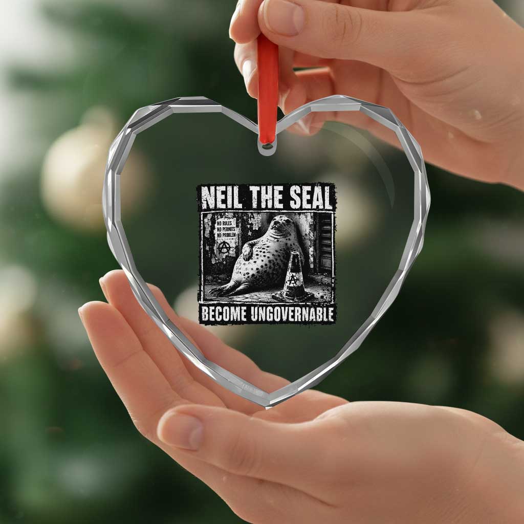Punk Rock Neil the Seal Become Ungovernable Poster Style Heart Crystal Glass Ornament Funny Viral Chaotic Elephant Seal Traffic Cone Meme